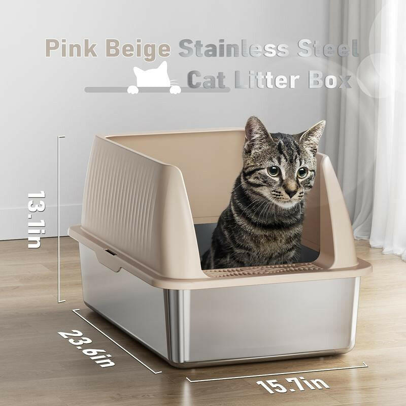 Petterm Stainless Steel Cat Litter Box with Scoop & Mat, Large Semi or Fully Enclosed Design, High-Side Enclosure, Non-Sticky, Anti-Leak, High-Walled