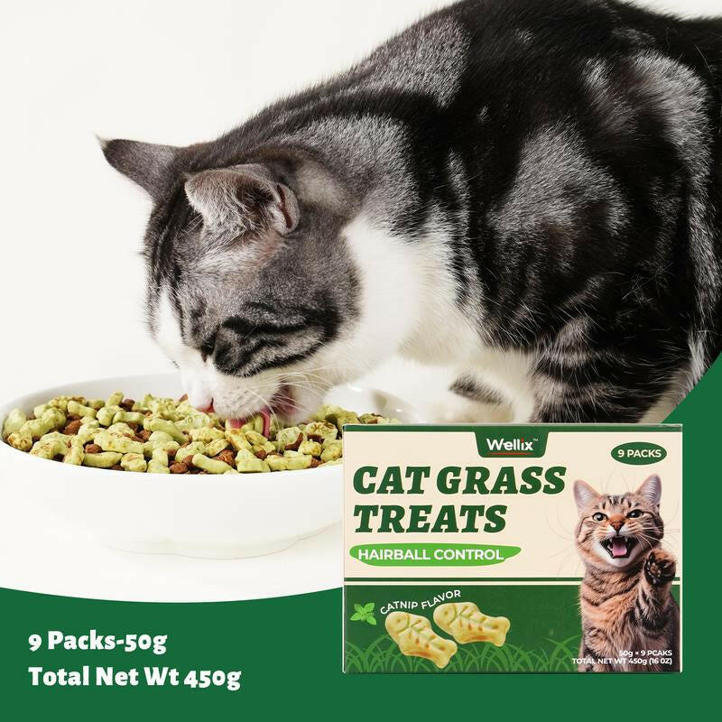 450G/16Oz Cat Grass Treats,Crunchy Cat Treats 9 Packs (50G Each),Natural Cat Grass Sticks &Cat Grass Teeth Cleaning Treats for Cat Training Rewards Box Pet Products