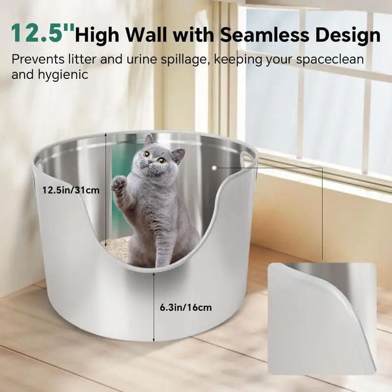 Aothey Stainless Steel Litter Box Metal with Integrated round for XL/XXL Big and Multi Cats, 12" High Wall High Side, Odor Control, Easy to Clean, Durable, Includes Stainless Steel Scoop Tray Enclosed Pet Supplies Free Litterbox