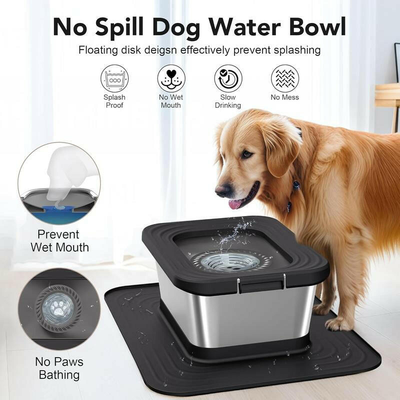10L Stainless Steel Dog Water Bowl, No Spill Anti-Splash Dog Bowls with XXL Silicone Mat, Spill-Proof Slow Feeder for Messy Drinkers, Heavy Duty Pet Bowls for Indoor/Outdoor Use
