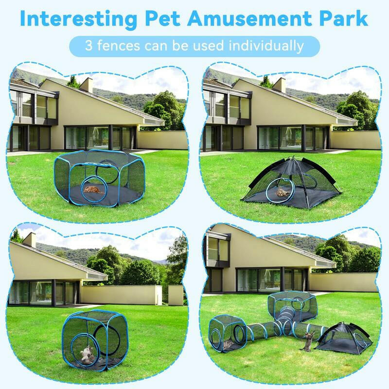 Outdoor Cat Enclosures for Indoor, Patio Portable Mesh Tent, Tunnel, Playhouse with Free Carry Bag & Metal Rod for Multiple Cats and Small Animals, Includes Playpen+2 Tents+Tunnel