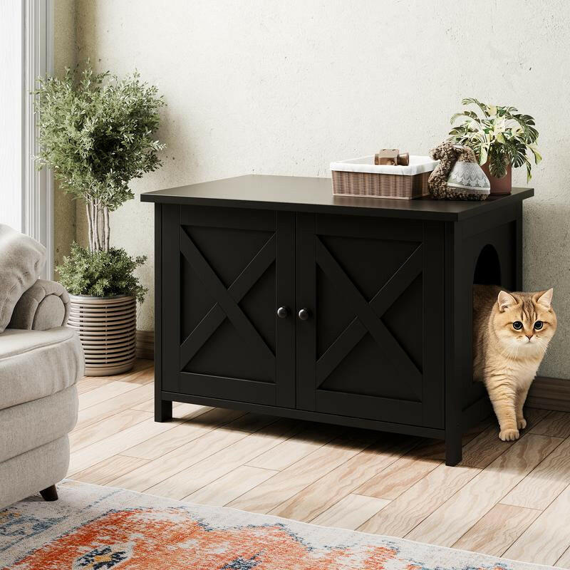Walsunny Cat Litter Box Furniture with Removable Divider Hidden Enclosure and End Table White Brown Gray Wood Adjustable System for Personalized Configurations Double Door Design