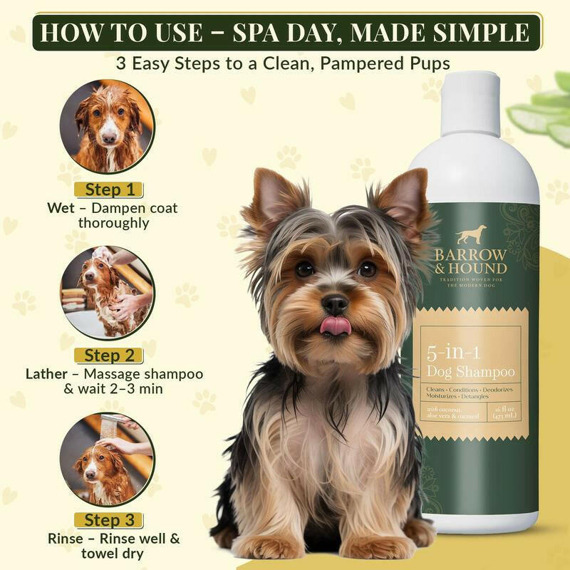 5-in-1 Dog Shampoo for Sensitive Skin – Cleansing, Conditioning, Deodorizing, Moisturizing, and Detangling with Coconut, Oatmeal, and Aloe – 16 Fl Oz
