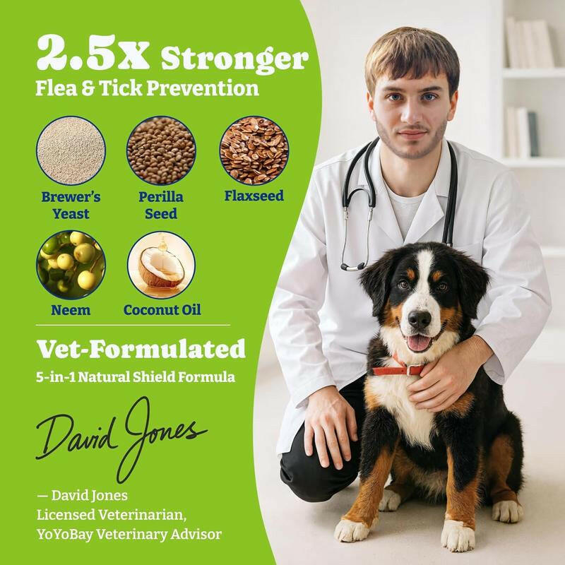 Flea & Tick Prevention for Dogs Chewables, Yoyobay Natural Dog Fleas and Ticks Control Supplement, Dogs Supplement, Natural Shield 5-In-1 Protection, Beef & Carrot Flavor, 70 Soft Chews