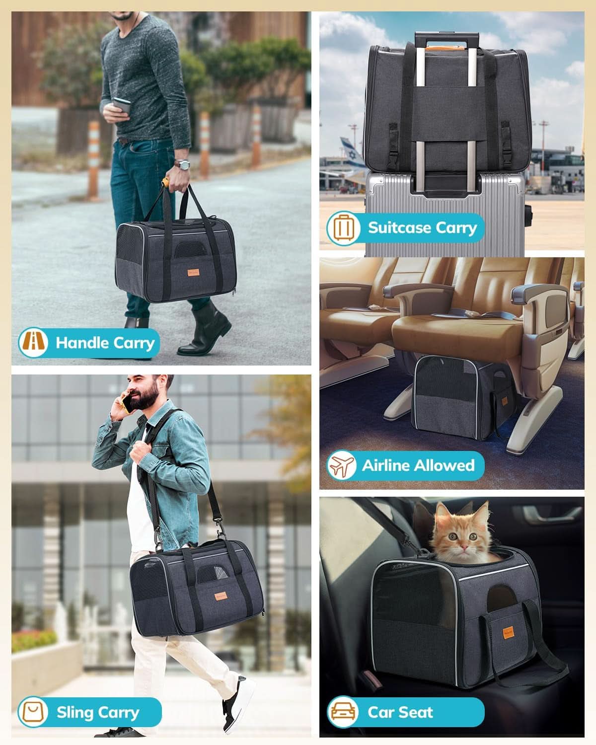 Soft-Sided Cat Carrier - Large Capacity for Medium and Large Cats and Puppies up to 18 lbs, Airline-Approved Pet Carrier with Safety Zippers and Foldable Bowl - Dark Gray