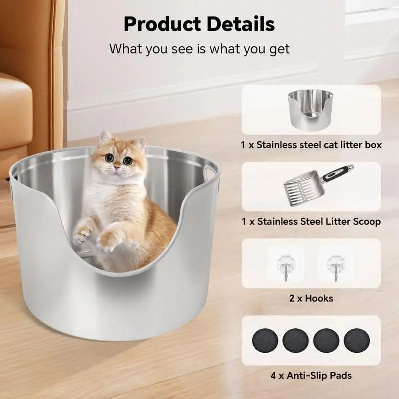 Aothey Stainless Steel Litter Box Metal with Integrated round for XL/XXL Big and Multi Cats, 12" High Wall High Side, Odor Control, Easy to Clean, Durable, Includes Stainless Steel Scoop Tray Enclosed Pet Supplies Free Litterbox