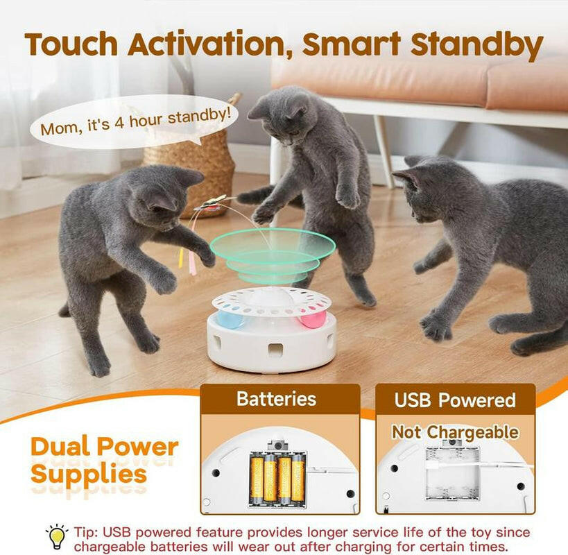 Cat Toys 3In1 Automatic Interactive Kitten Toy, Fluttering Butterfly, Moving Ambush Feather, Track Balls, Dual Power Supplies