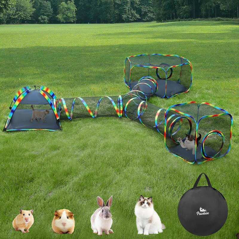 Outdoor Cat Enclosures for Indoor, Patio Portable Mesh Tent, Tunnel, Playhouse with Free Carry Bag & Metal Rod for Multiple Cats and Small Animals, Includes Playpen+2 Tents+Tunnel