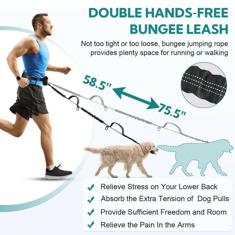 Hands Free Dog Leash with Pouch, 1Pc Retractable Bungee Dog Leash with Double Padded Handles, Dog Waist Leash for Dog Walking, Running Leash for Dogs