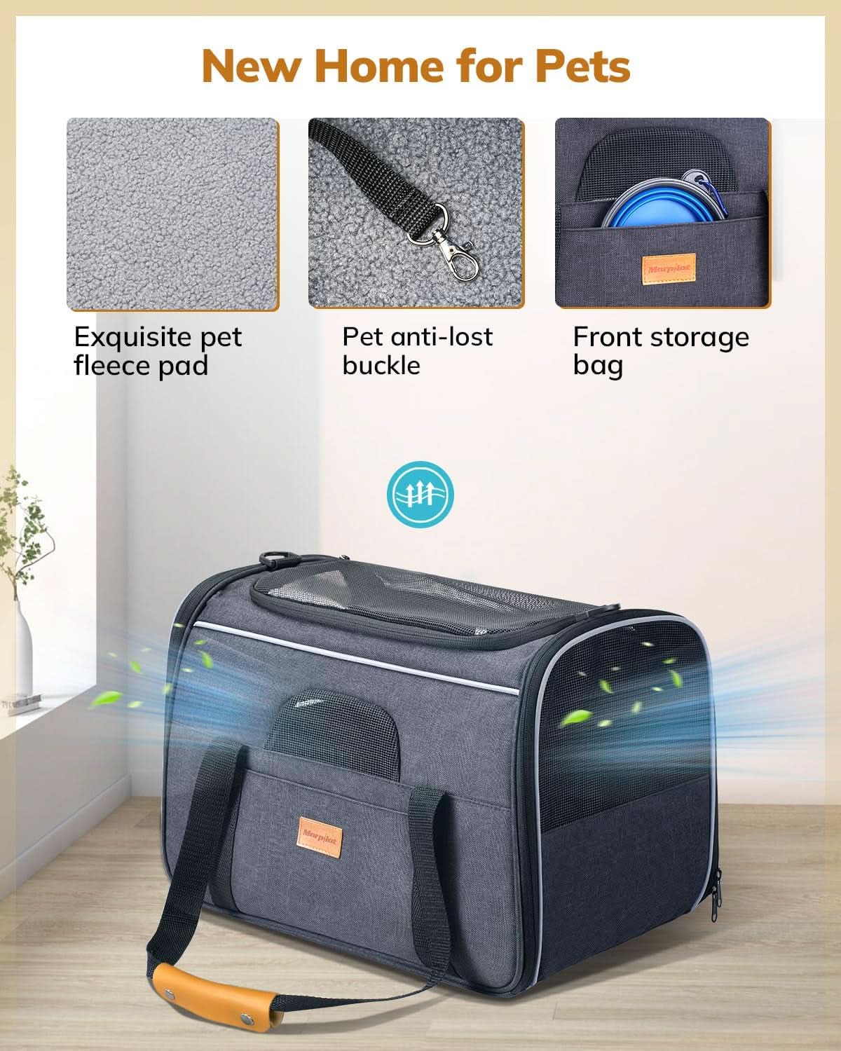 Soft-Sided Cat Carrier - Large Capacity for Medium and Large Cats and Puppies up to 18 lbs, Airline-Approved Pet Carrier with Safety Zippers and Foldable Bowl - Dark Gray