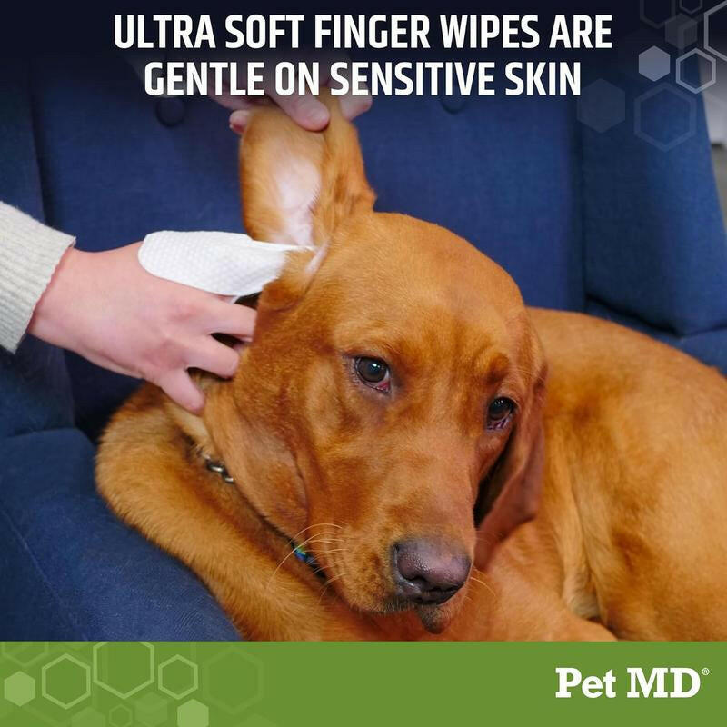 Pet MD Ear Finger Wipes for Dogs - Extra-Coverage & Large Design - Eucalyptus & Aloe Vera - 50Ct