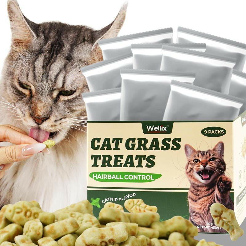 450G/16Oz Cat Grass Treats,Crunchy Cat Treats 9 Packs (50G Each),Natural Cat Grass Sticks &Cat Grass Teeth Cleaning Treats for Cat Training Rewards Box Pet Products
