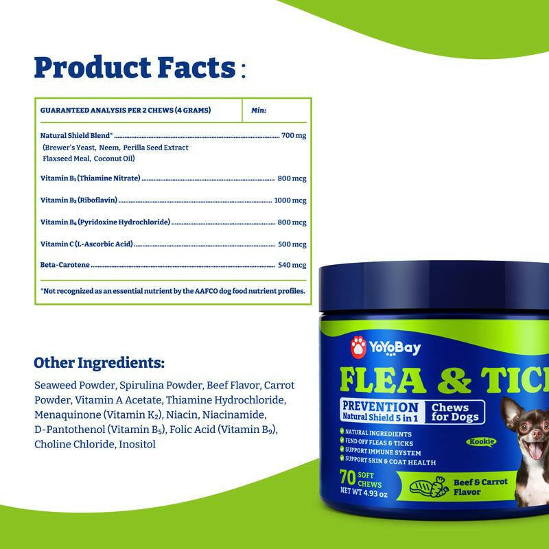 Flea & Tick Prevention for Dogs Chewables, Yoyobay Natural Dog Fleas and Ticks Control Supplement, Dogs Supplement, Natural Shield 5-In-1 Protection, Beef & Carrot Flavor, 70 Soft Chews