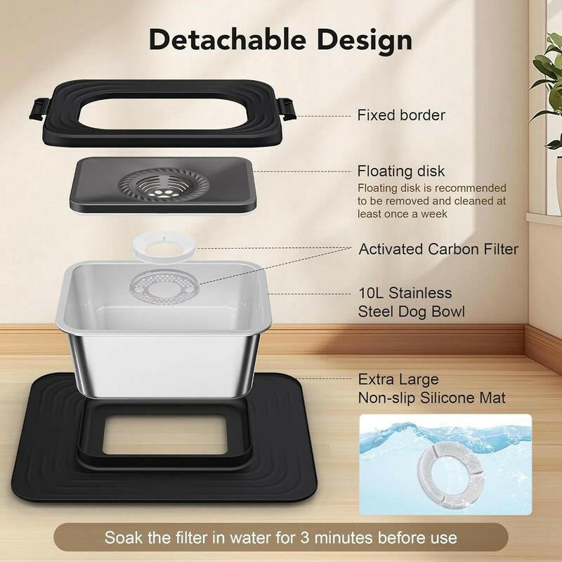 10L Stainless Steel Dog Water Bowl, No Spill Anti-Splash Dog Bowls with XXL Silicone Mat, Spill-Proof Slow Feeder for Messy Drinkers, Heavy Duty Pet Bowls for Indoor/Outdoor Use