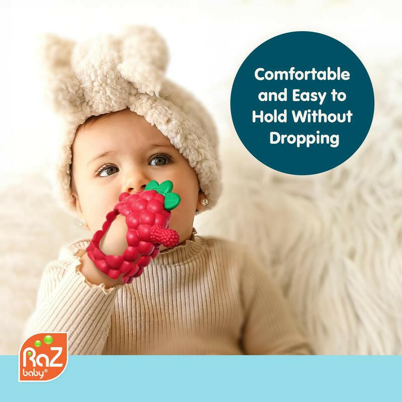 Razbaby Razberry Grip Silicone Teether Toy for 3M+ Babies & Infants - Drop Resistant, Non-Toxic, Multi-Textured Design for Front and Back Teeth