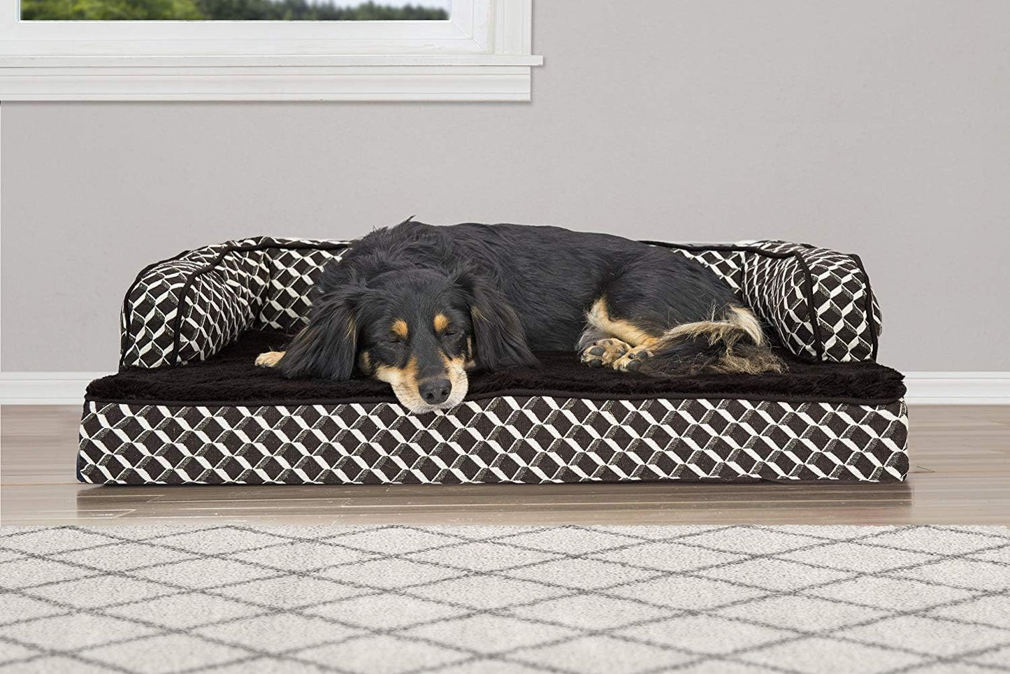 Orthopedic Dog Bed for Medium and Small Breeds with Removable Bolsters and Washable Cover, Supports Dogs up to 35 lbs - Plush and Woven Decorative Couch Sofa in Diamond Brown, Medium Size