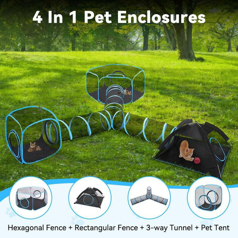 Outdoor Cat Enclosures for Indoor, Patio Portable Mesh Tent, Tunnel, Playhouse with Free Carry Bag & Metal Rod for Multiple Cats and Small Animals, Includes Playpen+2 Tents+Tunnel