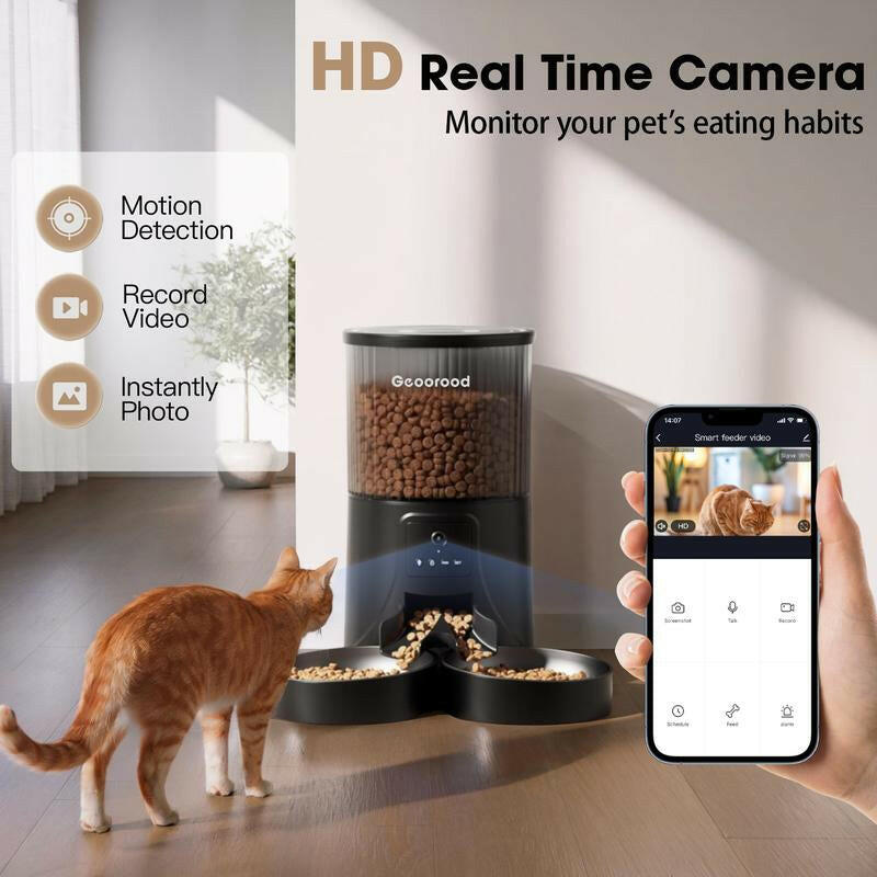 【Geoorood】Automatic Cat Feeder for 2 Cats with Camera | App-Controlled with Real-Time Video Chat | Dual Stainless Steel Bowls | 2.4Ghz Wifi Only | Ideal for Cats & Dogs | 1 Gallon / 135Oz / 4L Capacity!#2