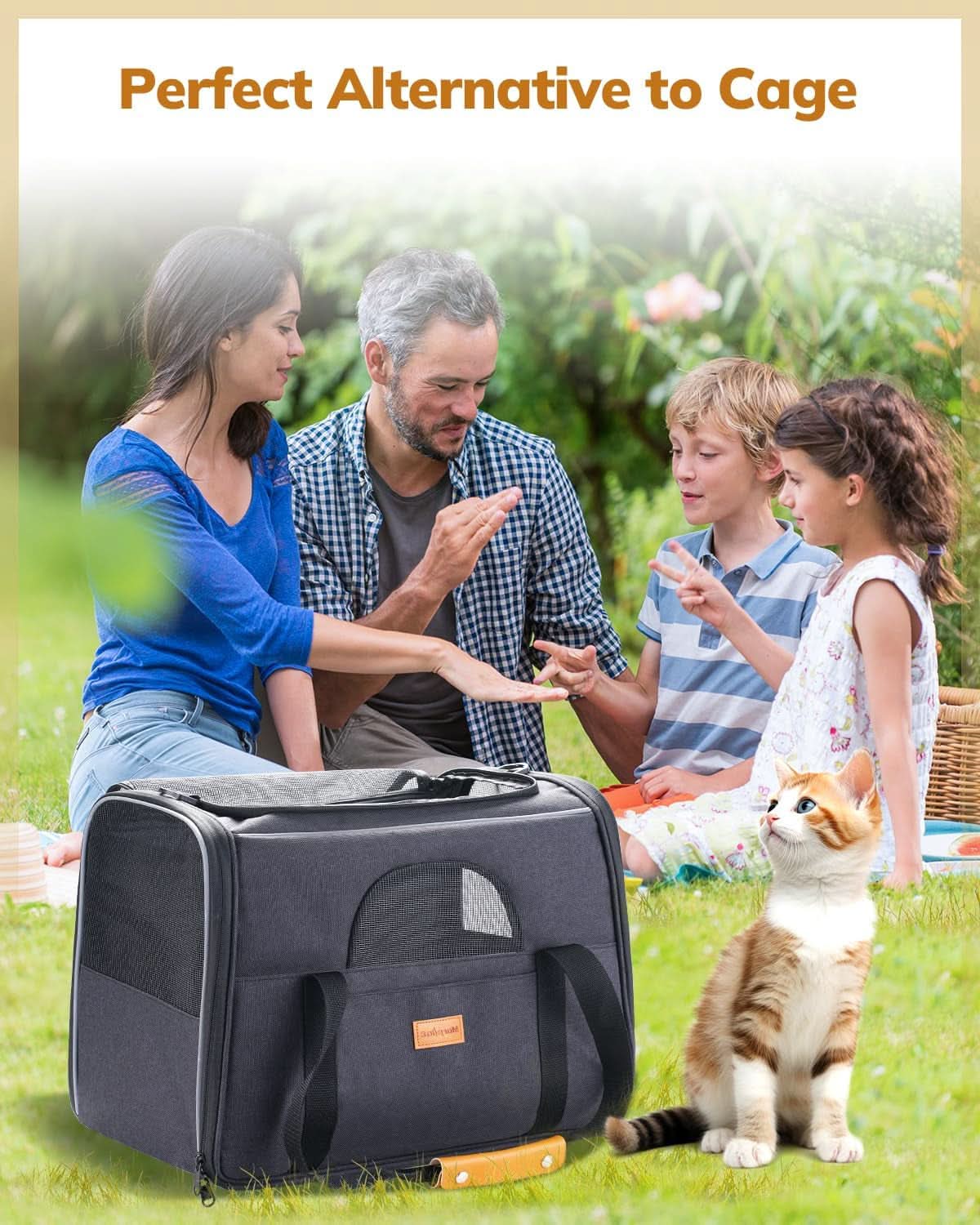 Soft-Sided Cat Carrier - Large Capacity for Medium and Large Cats and Puppies up to 18 lbs, Airline-Approved Pet Carrier with Safety Zippers and Foldable Bowl - Dark Gray