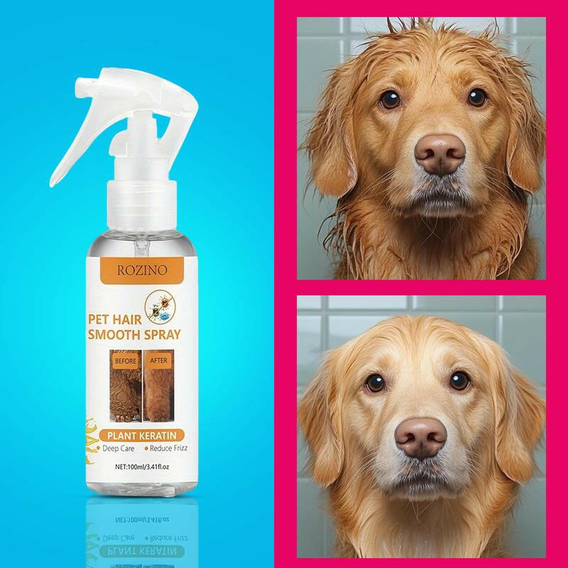 ROZINO Pet Hair Smooth Spray with Plant Keratin - 100Ml Deep Nourishing Frizz-Free Grooming Solution for Gentle Pet Coat Care Horse Shampoo Furminator Brush