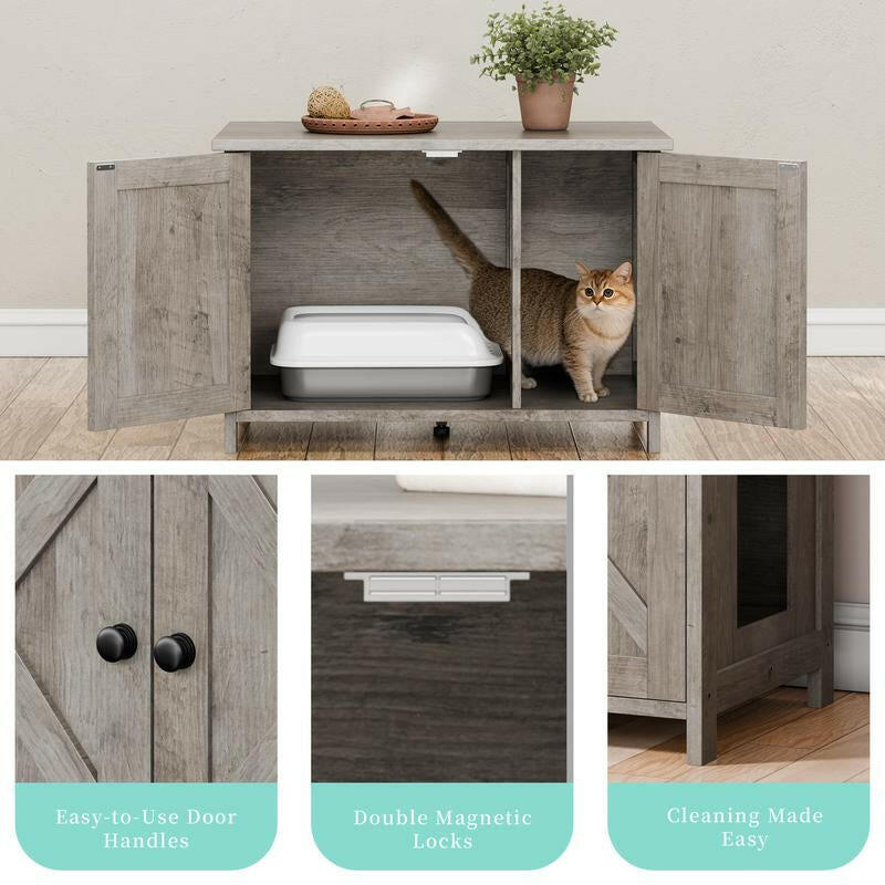 Walsunny Cat Litter Box Furniture with Removable Divider Hidden Enclosure and End Table White Brown Gray Wood Adjustable System for Personalized Configurations Double Door Design