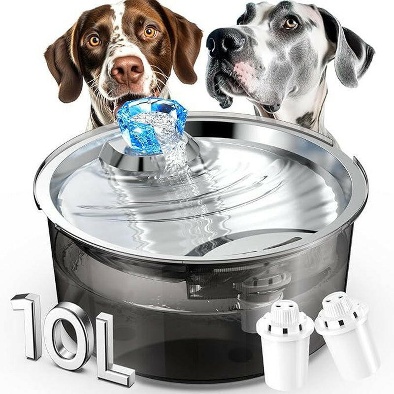 2.6 Gallon Dog Water Fountain, 10L Dog Clean Water Bowl Dispenser with Stainless Steel Filtered Drinking Water Fountain for Dogs & Cats & Multiple Pets
