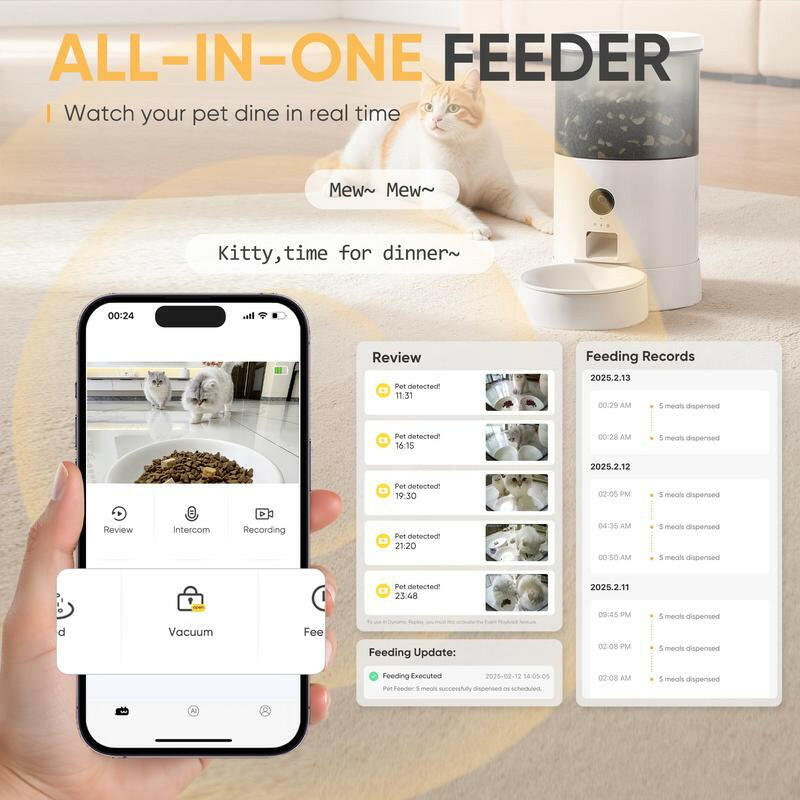 Warcat Smart Vacuum Pet Feeder with Camera, 4.5L Automatic Cat Feeder with Night Vision, 2.4G Wifi Pet Feeder with 2-Way Audio, Timed Feeding & APP Control, Dual Power Supply, Jam-Proof Dry Food Dispenser