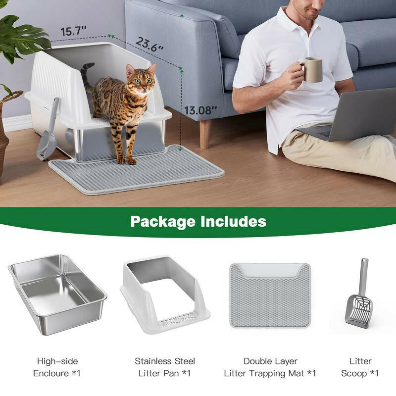 Petterm Stainless Steel Cat Litter Box with Scoop & Mat, Large Semi or Fully Enclosed Design, High-Side Enclosure, Non-Sticky, Anti-Leak, High-Walled