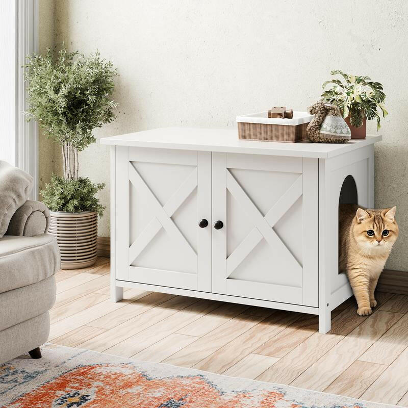 Walsunny Cat Litter Box Furniture with Removable Divider Hidden Enclosure and End Table White Brown Gray Wood Adjustable System for Personalized Configurations Double Door Design
