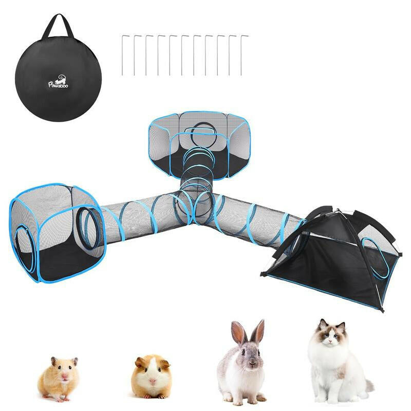 Outdoor Cat Enclosures for Indoor, Patio Portable Mesh Tent, Tunnel, Playhouse with Free Carry Bag & Metal Rod for Multiple Cats and Small Animals, Includes Playpen+2 Tents+Tunnel