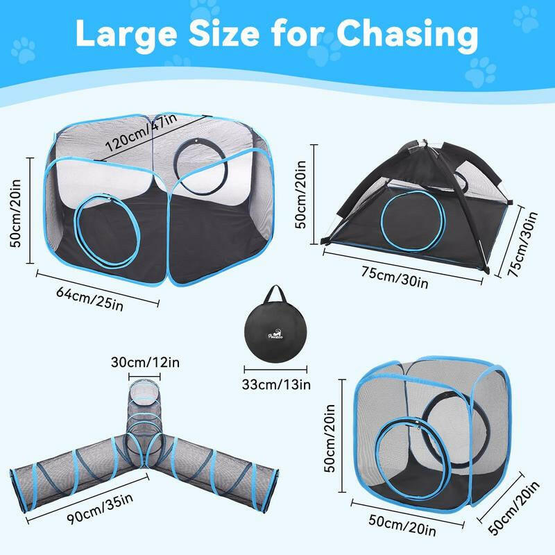 Outdoor Cat Enclosures for Indoor, Patio Portable Mesh Tent, Tunnel, Playhouse with Free Carry Bag & Metal Rod for Multiple Cats and Small Animals, Includes Playpen+2 Tents+Tunnel