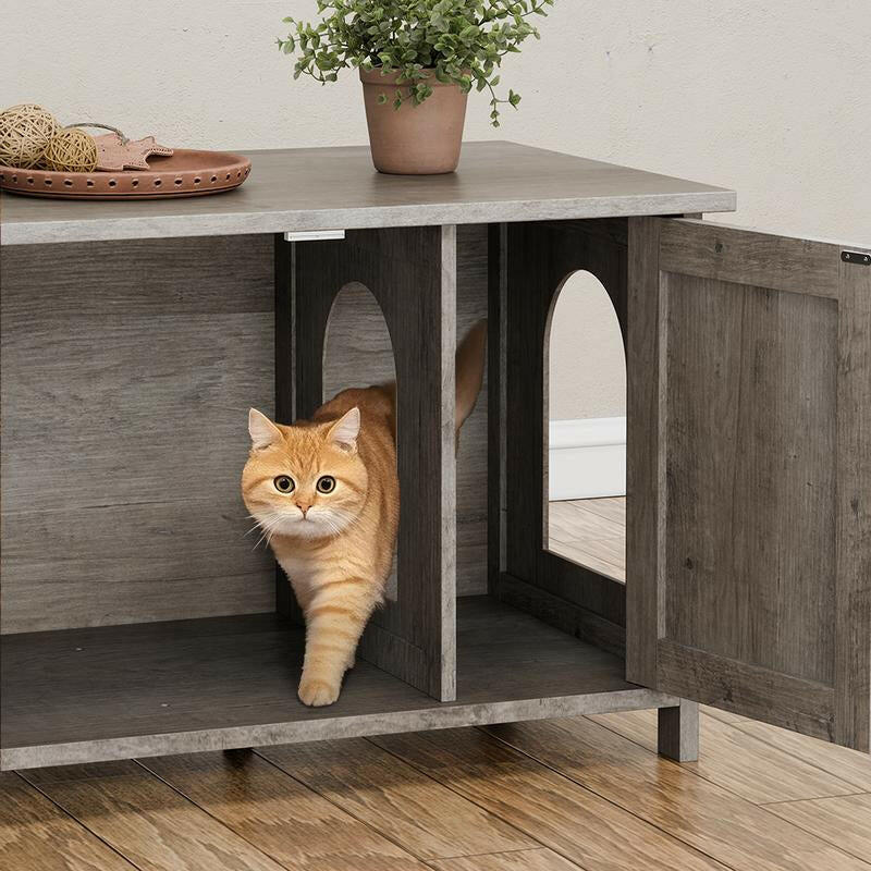 Walsunny Cat Litter Box Furniture with Removable Divider Hidden Enclosure and End Table White Brown Gray Wood Adjustable System for Personalized Configurations Double Door Design