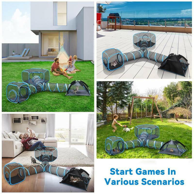 Outdoor Cat Enclosures for Indoor, Patio Portable Mesh Tent, Tunnel, Playhouse with Free Carry Bag & Metal Rod for Multiple Cats and Small Animals, Includes Playpen+2 Tents+Tunnel