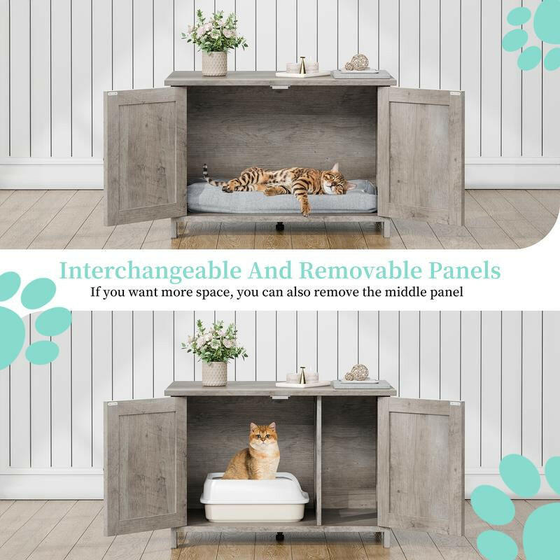 Walsunny Cat Litter Box Furniture with Removable Divider Hidden Enclosure and End Table White Brown Gray Wood Adjustable System for Personalized Configurations Double Door Design