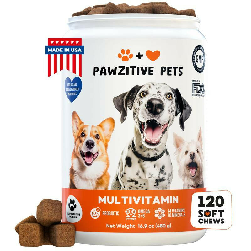Pawzitive Pets Multivitamin Chews for Dogs – Daily Health Support with Probiotics, Omega 3, Minerals & Vitamins – All-Breed – Made in USA