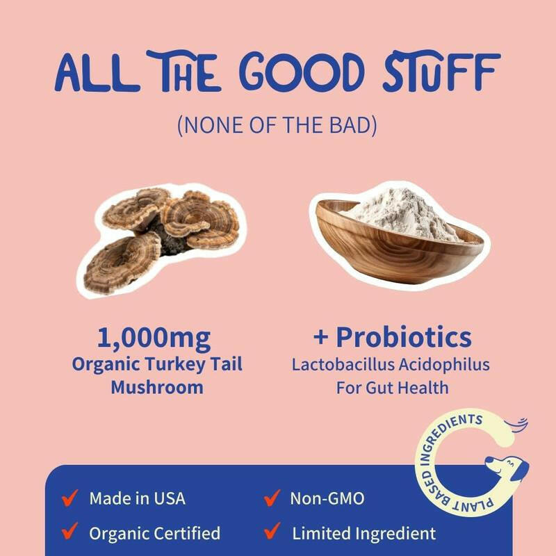 Fifth & Fido Turkey Tail+ - Dog Food Topper with Probiotics for Lipomas, Immune Support & Gut Health - 100 Servings - Bacon Flavor - Natural Allergy Relief - Supplements
