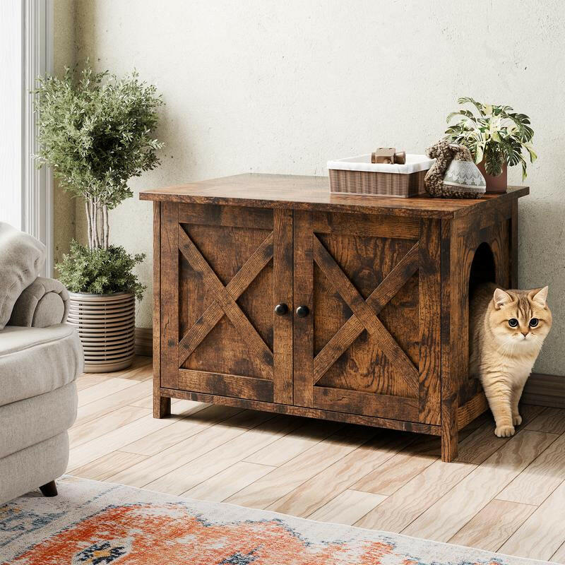 Walsunny Cat Litter Box Furniture with Removable Divider Hidden Enclosure and End Table White Brown Gray Wood Adjustable System for Personalized Configurations Double Door Design