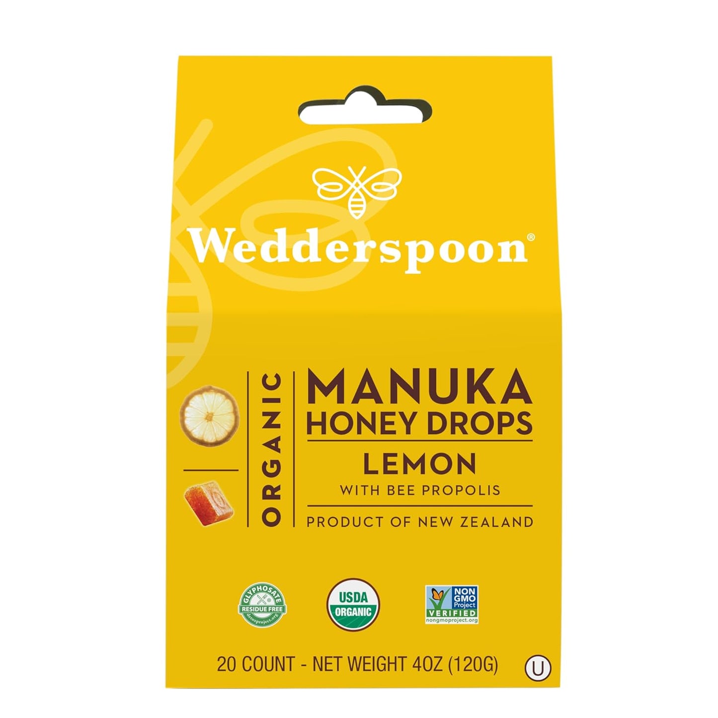 Organic Manuka Honey Drops with Lemon and Bee Propolis, 20 Count | Authentic New Zealand Honey | Ideal Soothing Solution for Dry Throats