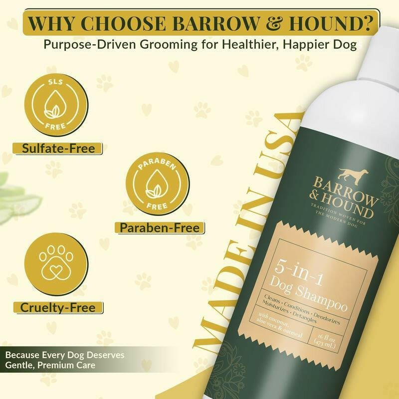 5-in-1 Dog Shampoo for Sensitive Skin – Cleansing, Conditioning, Deodorizing, Moisturizing, and Detangling with Coconut, Oatmeal, and Aloe – 16 Fl Oz