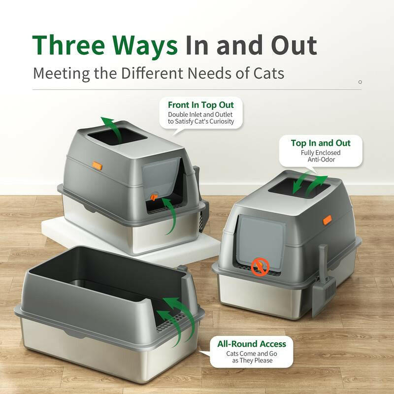 Petterm Stainless Steel Cat Litter Box with Scoop & Mat, Large Semi or Fully Enclosed Design, High-Side Enclosure, Non-Sticky, Anti-Leak, High-Walled