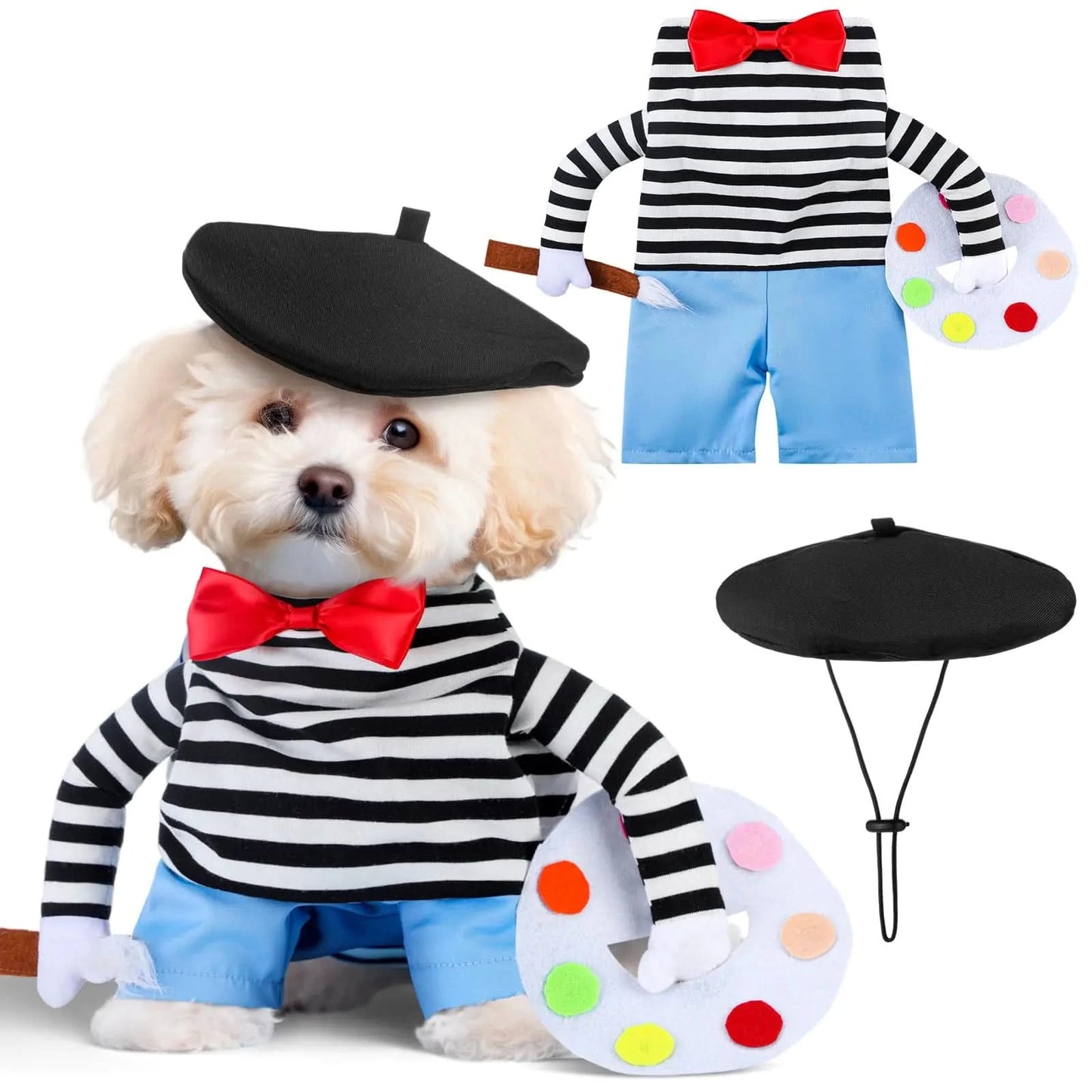 Dansydaisy Halloween Dog Costume Funny Dog Costume with Hat French Artist Dog Costume Painter Pet Clothes T-Shirt Jeans Beanie Beret Ties for Halloween Cosplay Brithday Party(M) - Pets Best shop