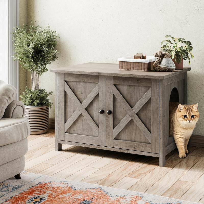 Walsunny Cat Litter Box Furniture with Removable Divider Hidden Enclosure and End Table White Brown Gray Wood Adjustable System for Personalized Configurations Double Door Design