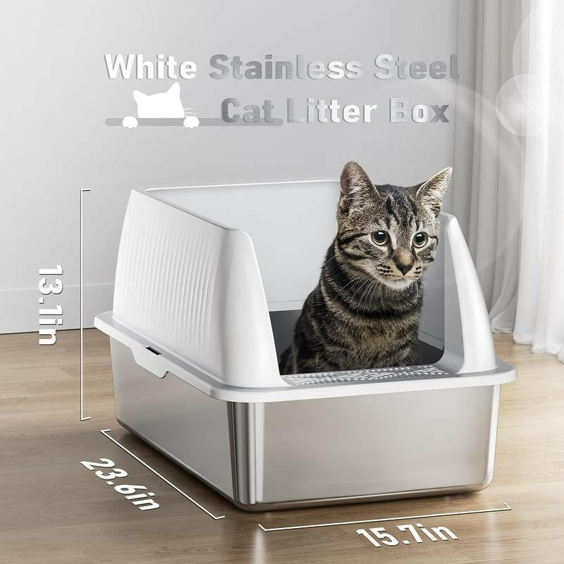 Petterm Stainless Steel Cat Litter Box with Scoop & Mat, Large Semi or Fully Enclosed Design, High-Side Enclosure, Non-Sticky, Anti-Leak, High-Walled