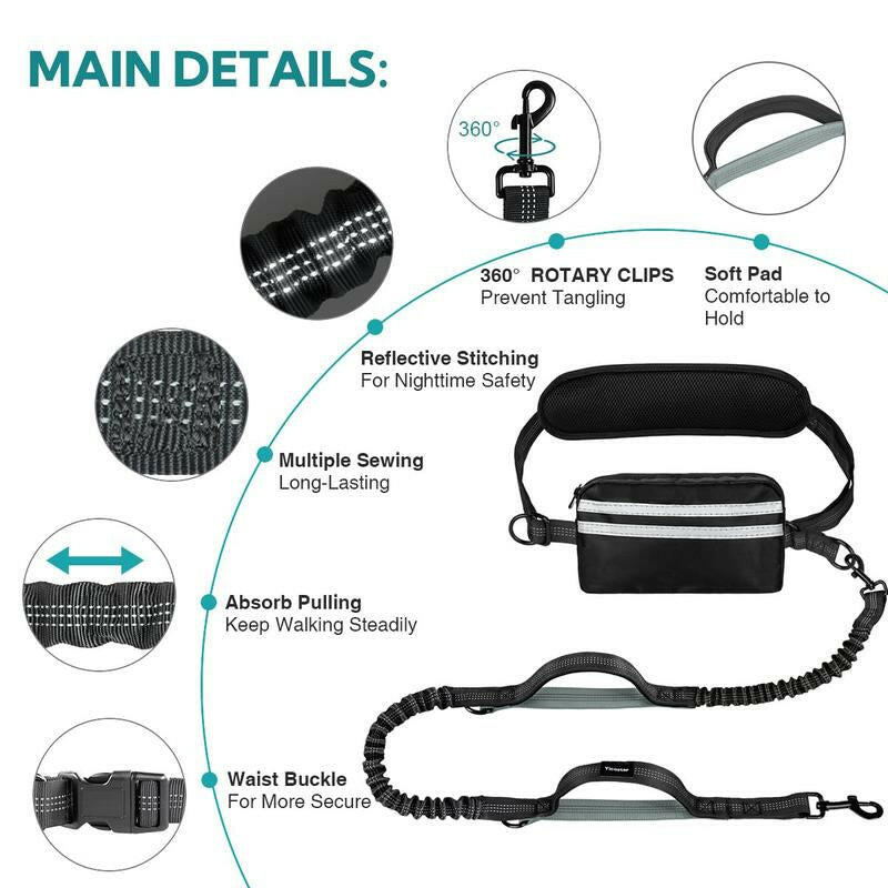 Hands Free Dog Leash with Pouch, 1Pc Retractable Bungee Dog Leash with Double Padded Handles, Dog Waist Leash for Dog Walking, Running Leash for Dogs