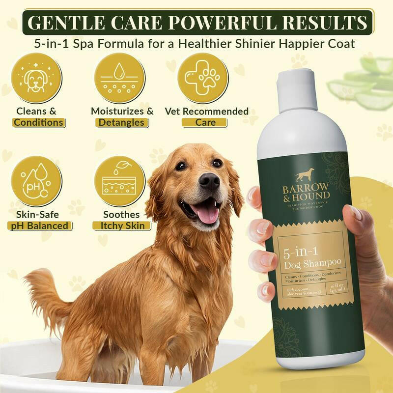 5-in-1 Dog Shampoo for Sensitive Skin – Cleansing, Conditioning, Deodorizing, Moisturizing, and Detangling with Coconut, Oatmeal, and Aloe – 16 Fl Oz
