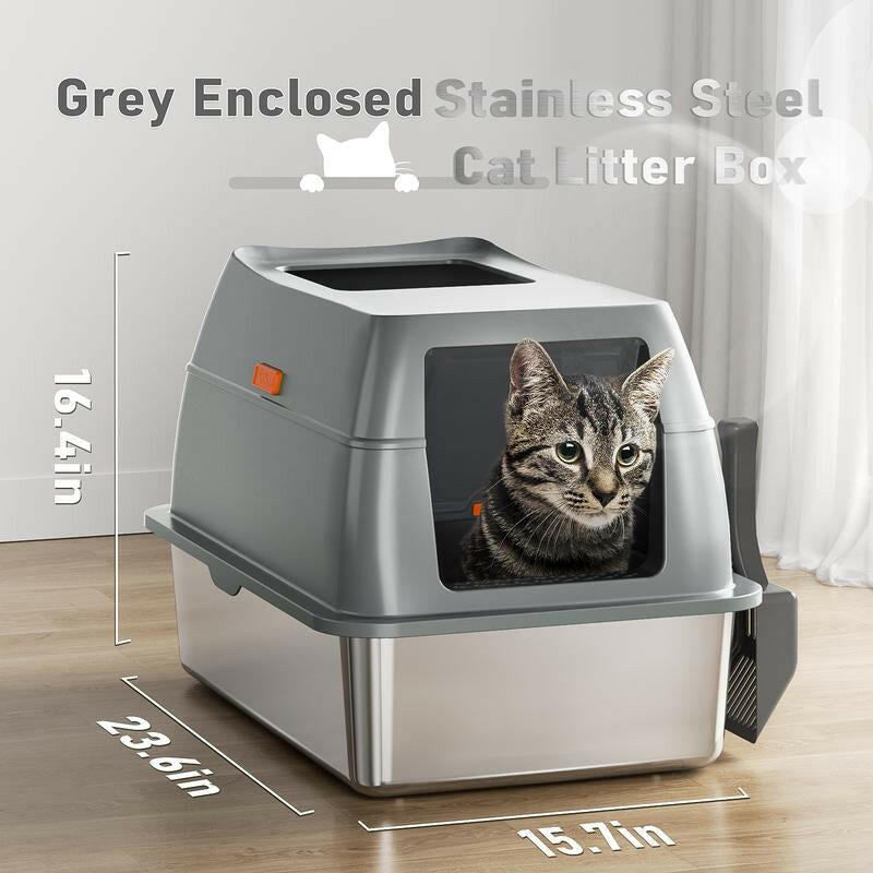 Petterm Stainless Steel Cat Litter Box with Scoop & Mat, Large Semi or Fully Enclosed Design, High-Side Enclosure, Non-Sticky, Anti-Leak, High-Walled