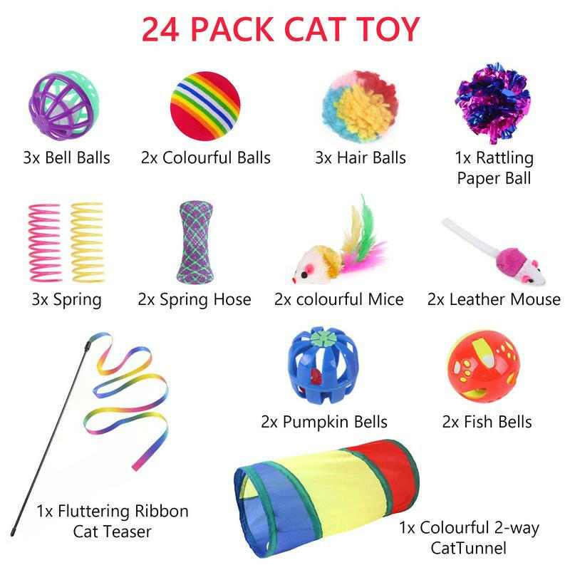Cat Toys 24Pcs Kitten Toy Set - Colorful Two-Way Interactive Tunnel Toy Kit for Hide and Seek Training