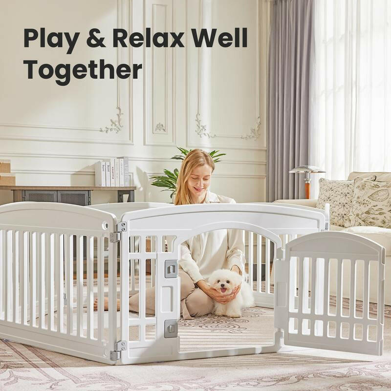 Pettrove - Plastic Pet Playpen, Durable Puppy Playpen with Lockable Door and Non-Slip Bottom, Portable Indoor Outdoor Puppy Pen