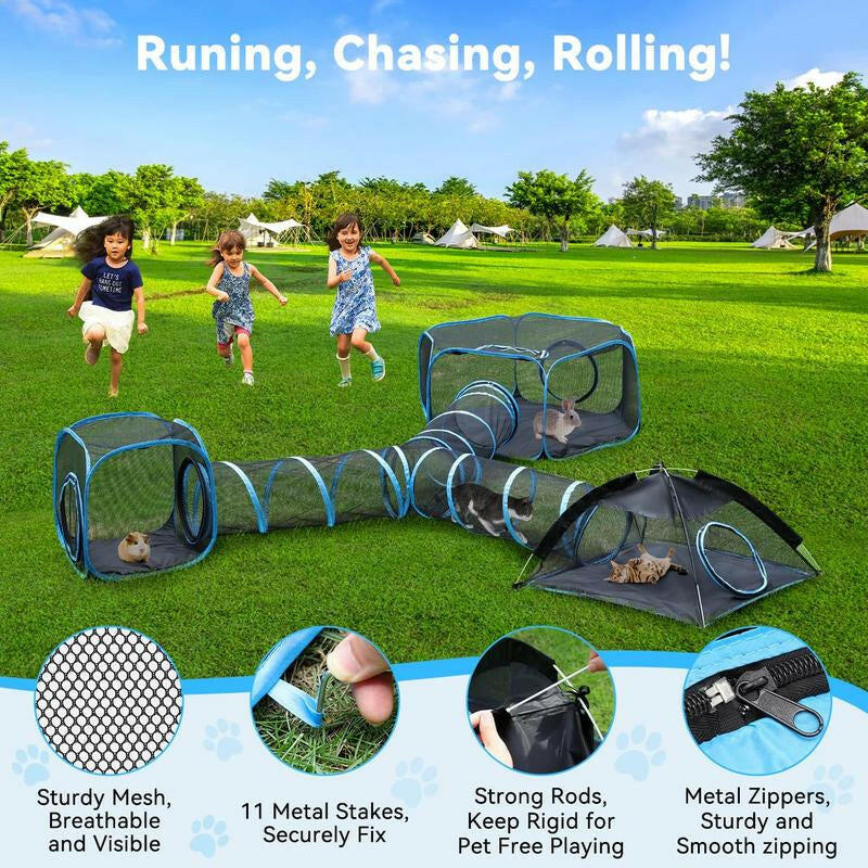 Outdoor Cat Enclosures for Indoor, Patio Portable Mesh Tent, Tunnel, Playhouse with Free Carry Bag & Metal Rod for Multiple Cats and Small Animals, Includes Playpen+2 Tents+Tunnel