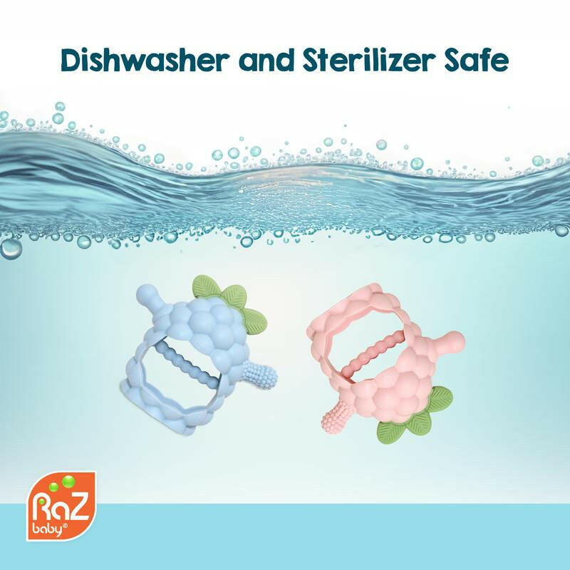 Razbaby Razberry Grip Silicone Teether Toy for 3M+ Babies & Infants - Drop Resistant, Non-Toxic, Multi-Textured Design for Front and Back Teeth